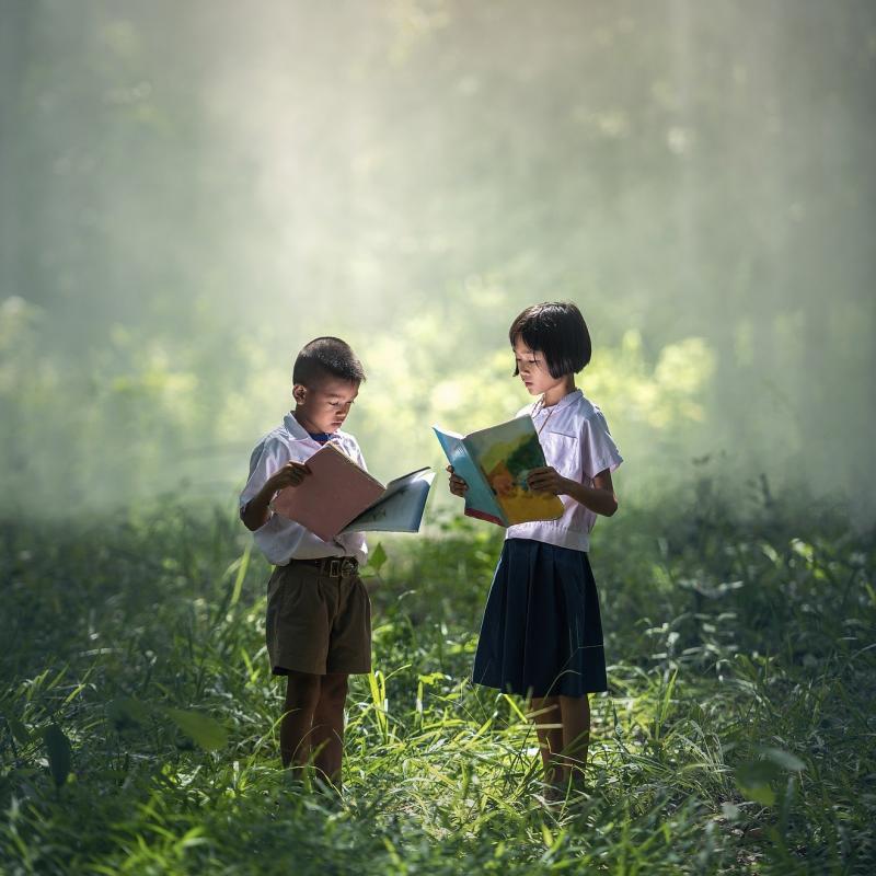 children reading in field